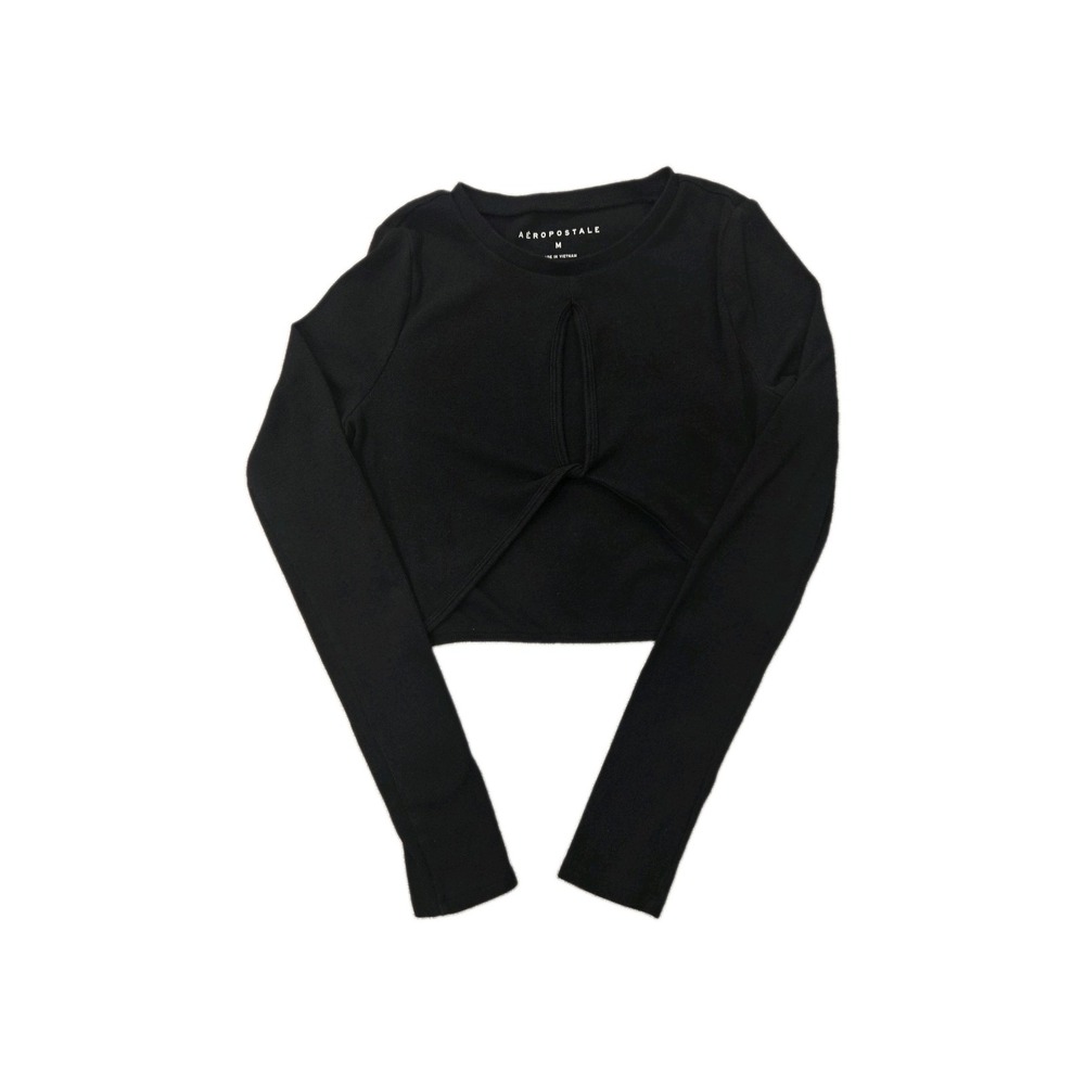 Aeropostale Black Long Sleeve Twist Front Crop Top Size Medium M